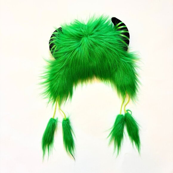 Lime Monster Hat Green Faux Fur Fleece Lined OS - Picture 2 of 4